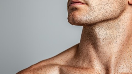 Fototapeta premium Close-Up of Male Neck and Jawline with Freckles and Skin Texture Highlighting Natural Skin Conditions