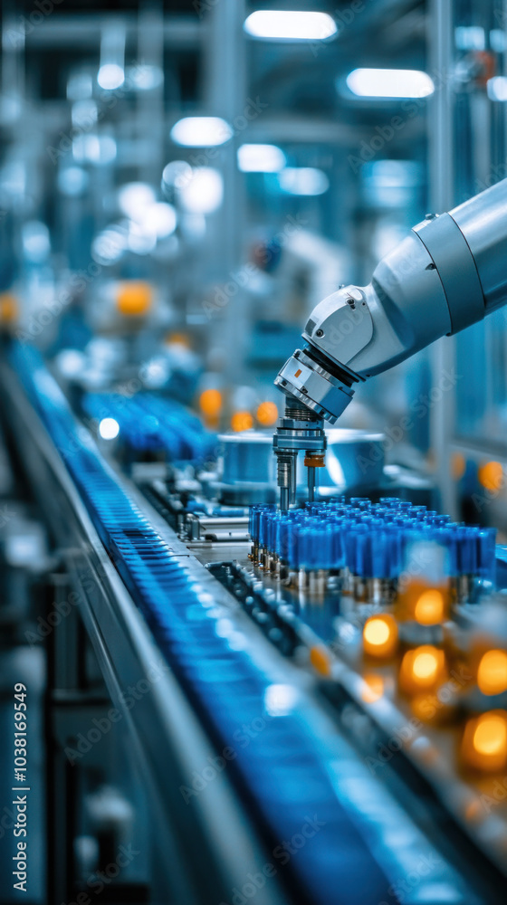 Poster a robot is working on a conveyor belt with blue and orange objects. the robot is focused on its task