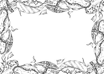 Traditional Japanese food, nigiri sushi with raw fish tuna salmon unagi shrimp, tamagoyaki tako octopus, hand drawn in vector pen, ink. Border frame for restaurant, cafe menu, kitchen, recipe book