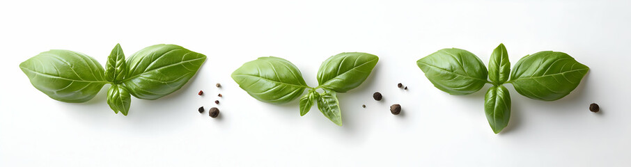 Fresh Basil Leaves and Peppercorns on White Background.