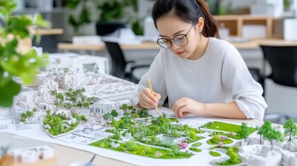 Fototapeta premium Female Landscape Architect Creating Park Designs Surrounded by Plans and Plant Samples in a Modern Office Space