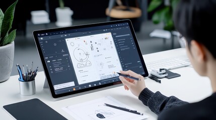 Innovative Female Mobile App Designer Sketching User Interfaces on a Tablet in a Creative Workspace for Effective Brainstorming