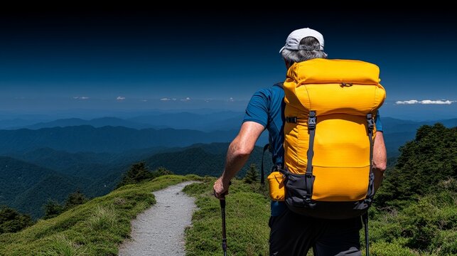 Summit Seeker: A lone hiker stands at the peak of a mountain, gazing out at the vast panorama of rolling hills. The sun casts long shadows across the landscape.