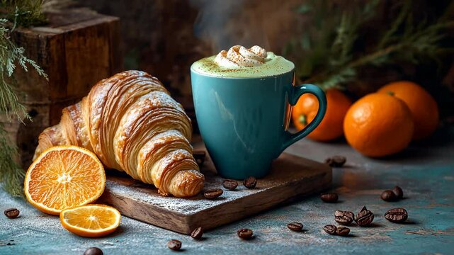 A warm cup of coffee with a flaky croissant and fresh citrus fruit on a rustic wooden board