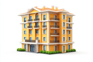 Fototapeta premium Yellow Apartment Building with Balconies and Green Bushes