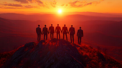 Businessmen on a Mountaintop at Sunset.