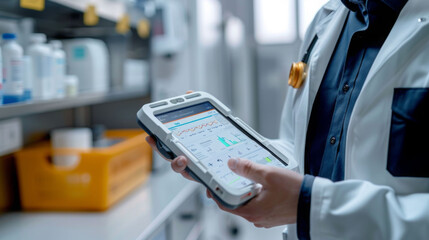 healthcare professional is using portable diagnostic tool in laboratory setting, showcasing advanced technology for medical analysis. environment is organized and equipped with various medical