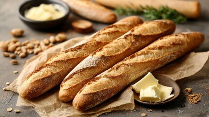 Fresh Baguettes Served with Butter in Outdoor Setting