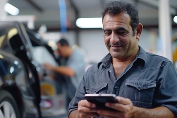 Supervisor in auto shop checking tablets while mechanic works in background on car. Gray shirt, focused expression. Blurred car and coworker in background. Industrial setting