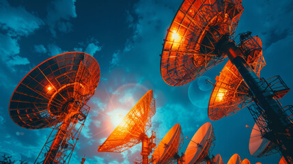 detailed perspective of satellite antenna array against vibrant sky, showcasing intricate design and technology of communication systems. scene evokes sense of innovation and connectivity