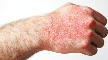 Fototapeta premium Close-up of a Hand with Red Rash Indicative of Skin Condition or Allergy on White Background