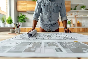 Man examining blueprints on wooden table. Modern kitchen background. Natural light. Focus on planning and design. Casual attire suggests home renovation project