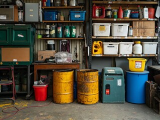 Cluttered garage storage with various containers, barrels, and shelves. Colorful plastic bins, metal drums, and cardboard boxes. Industrial and DIY atmosphere