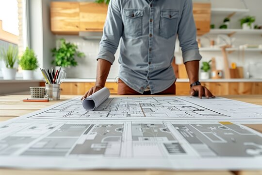 Man examining blueprints on wooden table. Modern kitchen background. Natural light. Focus on planning and design. Casual attire suggests home renovation project