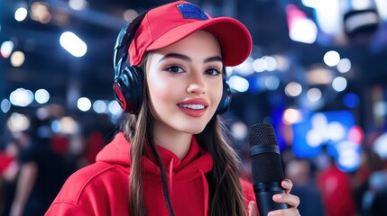 Dynamic Female Sports Reporter Engages Athletes Post-Game with a Microphone Capturing Authentic Reactions and Insights