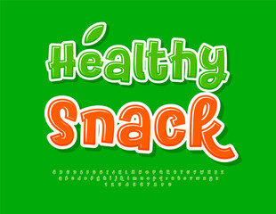 Vector eco advertising Healthy Snack. Funny Glossy Font. Creative Alphabet Letters and Numbers set.