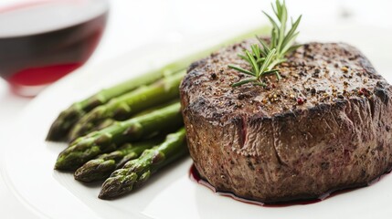 Elegant Dinner Concept with Grilled Steak and Asparagus on White Plate, Garnished with Fresh Rosemary and Paired with Red Wine