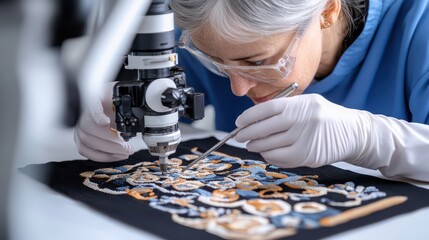 Female Textile Conservator Skillfully Restoring an Antique Tapestry in a Museum Conservation Lab with Precision Tools