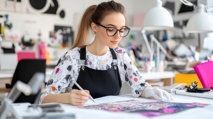 Fototapeta premium Innovative Female Textile Designer Crafting Vibrant Patterns for Fabrics in a Colorful and Inspiring Design Studio