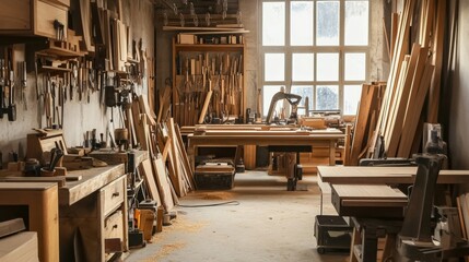 A bustling woodworking workshop with tools and timber, Woodcraft tools neatly displayed in a busy studio, Craftsmanship skill style