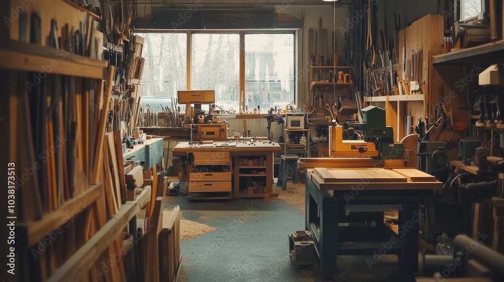 Poster a bustling woodworking workshop with tools and timber, woodcraft tools neatly displayed in a creativ