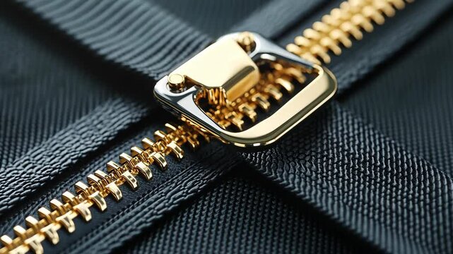 A gold zipper is closed on a black fabric with a textured surface