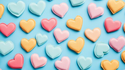 Fototapeta premium Colorful Heart-Shaped Macarons on Blue Background - Perfect for Party Celebrations and Festive Occasions