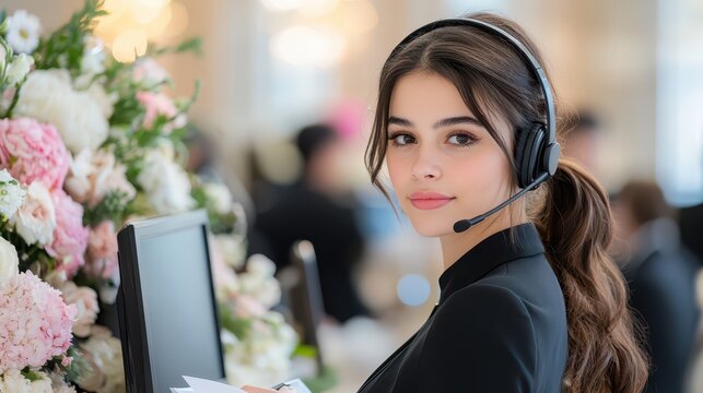 A Dedicated Female Wedding Planner Coordinating with Staff in an Elegant Venue Checking Notes and Communicating via Headset for a Flawless Event Execution