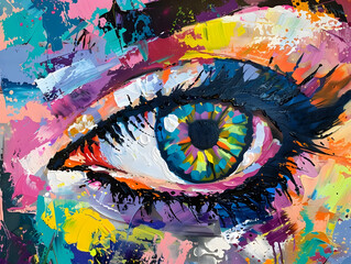 Abstract painting of an eye, with colorful and vibrant colors, and thick brush strokes. 