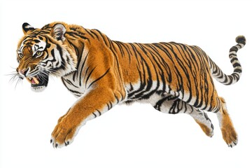 Fototapeta premium A fierce tiger in mid-leap, showcasing its powerful physique and striking orange and black stripes, symbolizing strength and beauty.