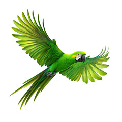 Green parrot in mid-flight, white isolate background