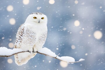 Snowy owl perched on a snow-covered branch with light snow falling in soft evening light