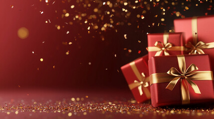 Fototapeta premium Festive Holiday Scene with Red and Gold Presents and Confetti