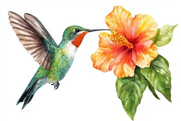 Obraz premium A vibrant hummingbird feeding on a colorful hibiscus flower, showcasing nature's beauty and intricate details.