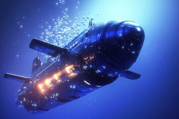 Fototapeta premium A futuristic submarine gliding through deep water, surrounded by bubbles, showcasing advanced underwater exploration technology.