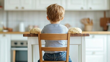 Child kneeling on a chair to reach the kitchen counter, dough in front, warm family kitchen, Main Keyword child baking bread, Concept determination and learning