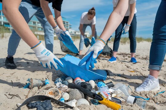 Group of volunteers wearing gloves, picking up plastic and trash from a beach to promote environmental conservation and reduce ocean pollution.