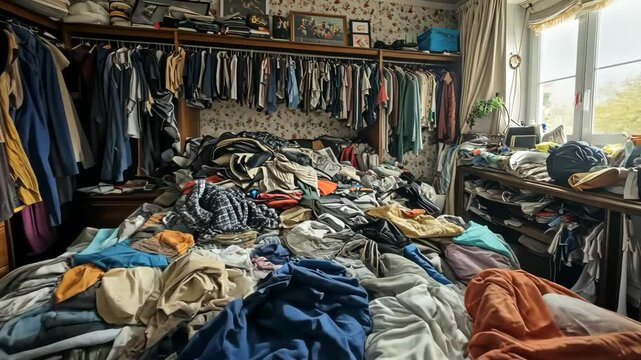 A messy bedroom with a pile of clothes on the bed, a closet full of clothes, and shelves filled with more clothes