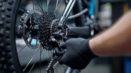 Skilled Male Bicycle Mechanic Fine-Tuning Mountain Bike Gears in a Cozy Repair Shop Setting