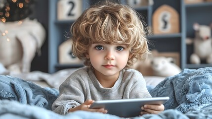 Kindergarten child using an educational tablet learning numbers and letters in a modern classroom with interactive technology copy space for text on the side isolated background