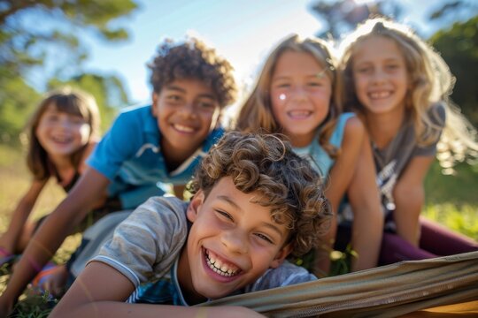 Portrait of smiling children lying on grass during obstacle course in boot camp