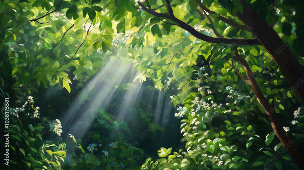 Poster Sunlight filtering through a dense forest canopy, creating dappled shadows.