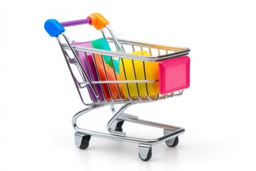 Colorful Shopping Cart with Blank Label Isolated on White