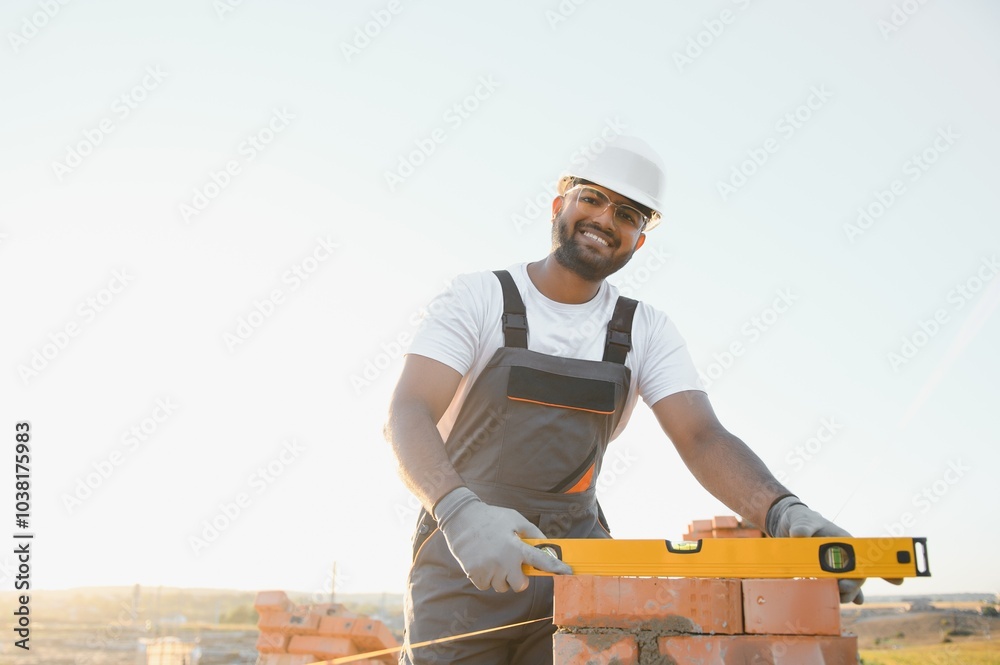 Wall mural indian construction worker man in work clothes and a construction helmet. portrait of positive male 