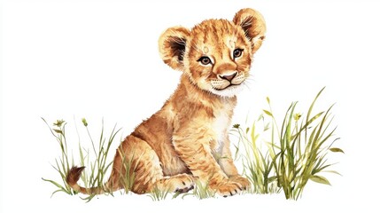 Obraz premium Adorable baby lion cub sitting in a grassy field, showcasing its playful and curious nature with vibrant colors.