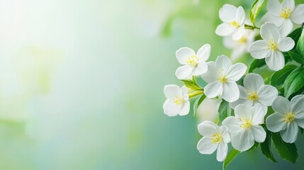 Obraz premium Delicate white flowers with green leaves against a soft, blurred background.