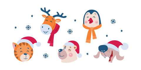 Set of animal faces with christmas hat and scarves penguin reindeer dog cat white bear