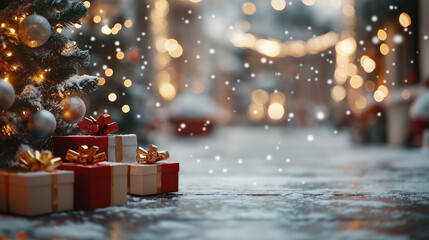 A snow-covered Christmas tree adorned with ornaments and lights, surrounded by an array of colorful gifts, with snowflakes gently falling in the background