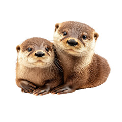 Two adorable otters, white isolate background