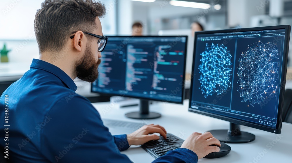 Poster male data scientist analyzing big data using statistical software and algorithms in a corporate offi